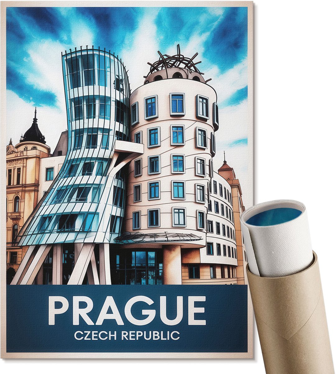 Coloray Polycanvas Wandposter - Architectuur Praag, Poster - A4 - Blauw Illustratie - Rechthoek - Canvasposter - Woonkamer, Slaapkamer, Kantoor - Modern