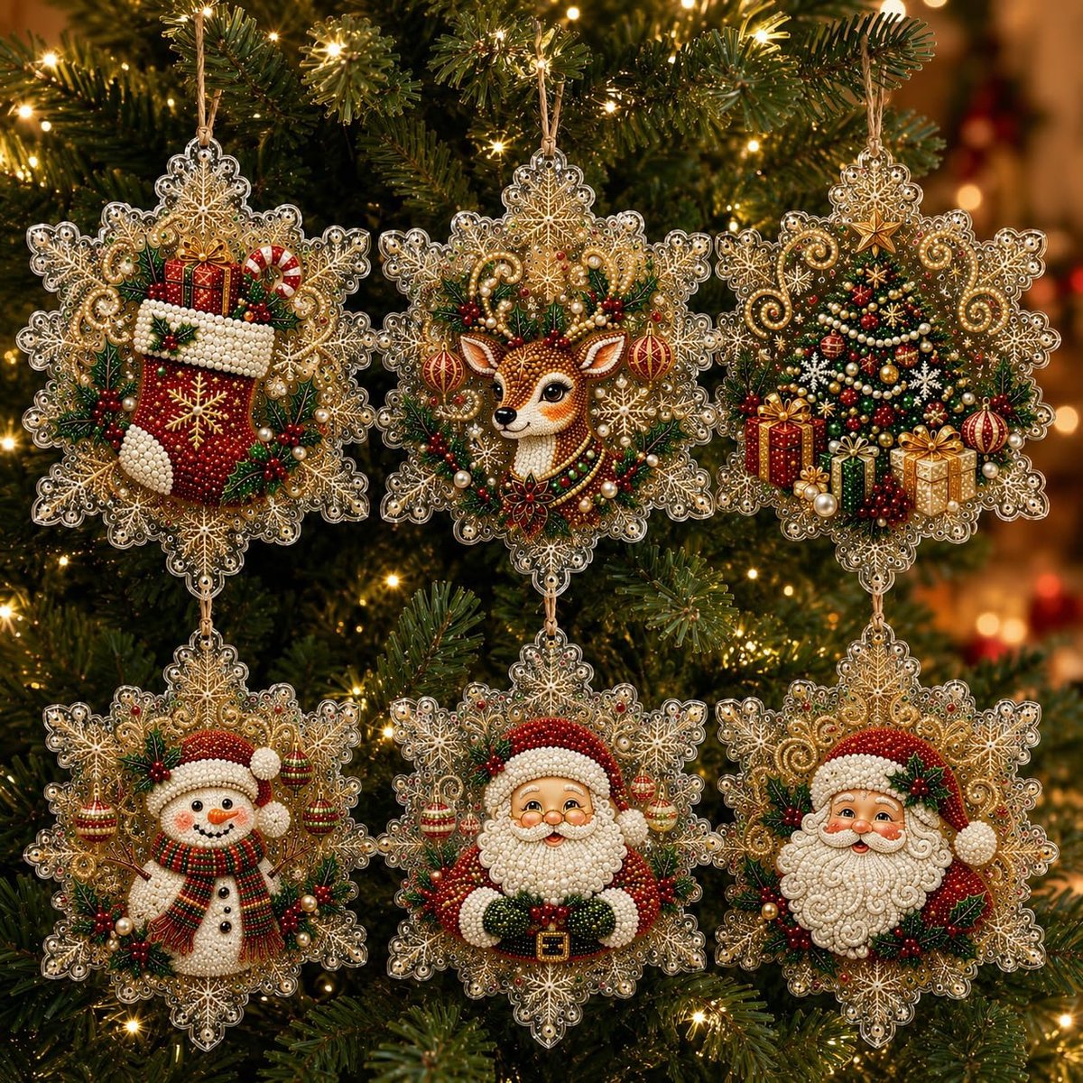 6 Stuks Kerst Diamond Painting Hanger - Kerst Diy Suncatcher - Diamond Painting Kersthanger - Diy Diamond Art Kit - Kerstornamenten - Kerstdecoratieset - Complete Set Accessoires - Voor kerstboom, Deur, Raam en Muur