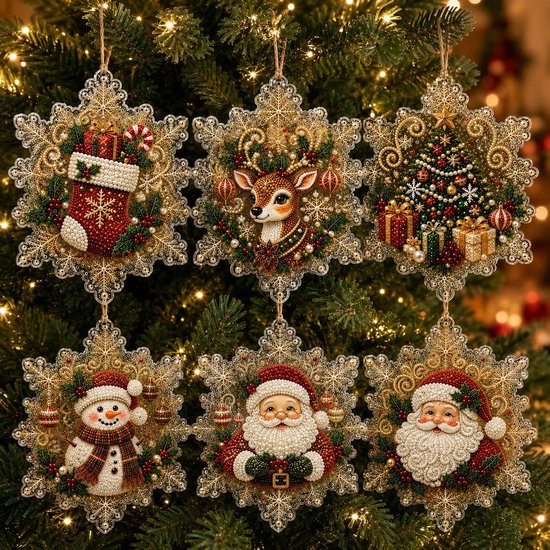 6 Stuks Kerst Diamond Painting Hanger - Kerst Diy Suncatcher - Diamond Painting Kersthanger - Diy Diamond Art Kit - Kerstornamenten - Kerstdecoratieset - Complete Set Accessoires - Voor kerstboom, Deur, Raam en Muur