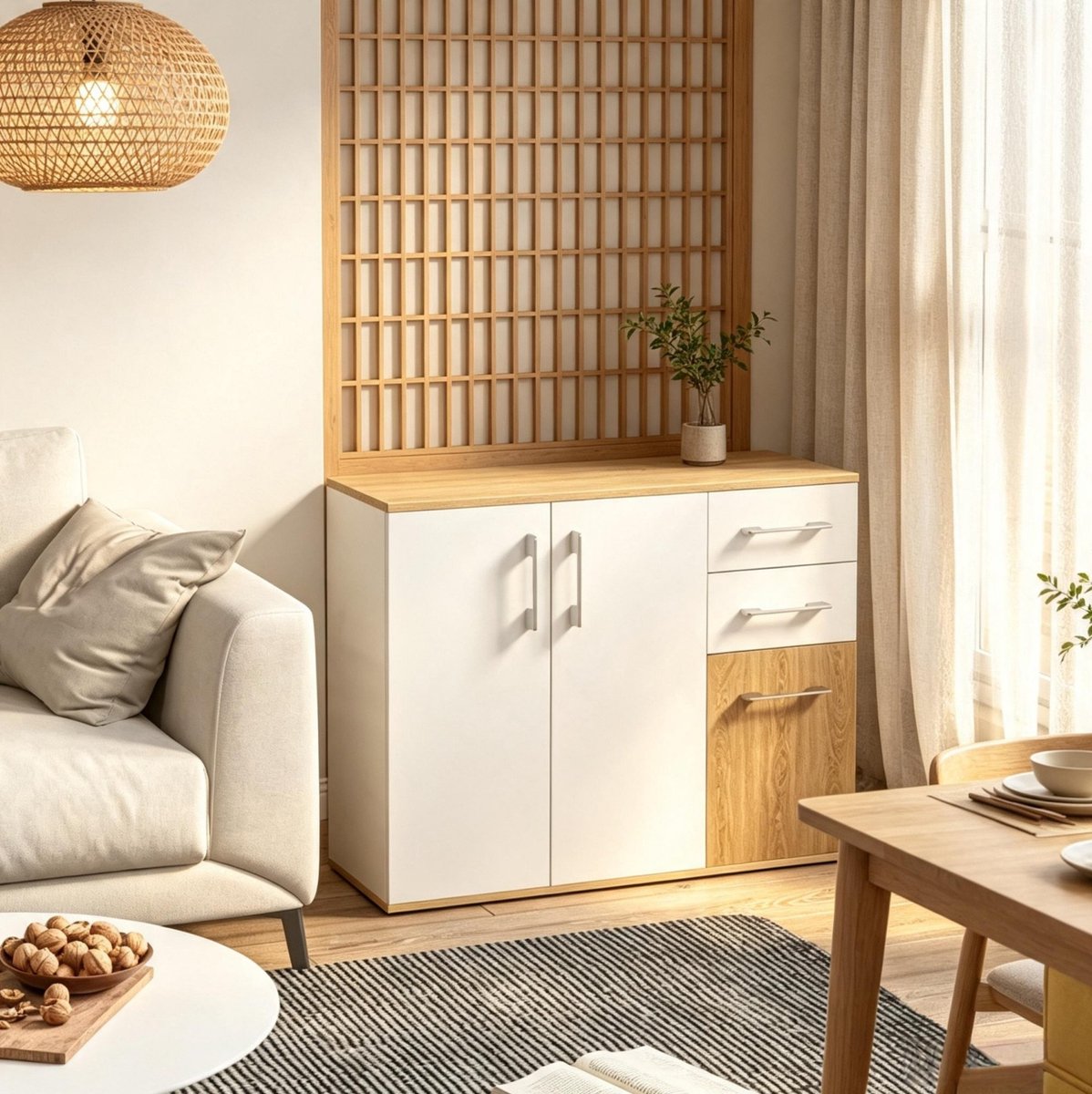 MODENUIT Dressoir - 2 Deuren En 3 Lades - Woonkamer En Eetkamer - Spaanplaat - Wit Naturel - 90x30x75,5 Cm