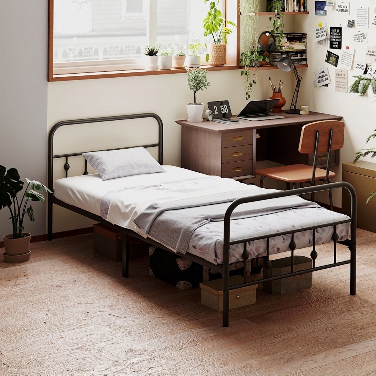 Metalen bedframe - Opklapbaar eenpersoonsbed - Geluidloos - Met opbergruimte - 150 kg draagkracht - Logeerkamer - 90x200 cm - Zwart