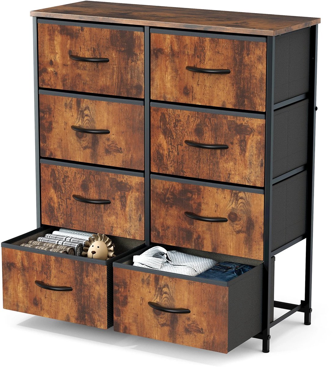 MokoHub Ladenkast - Opbergkast voor kinderen - 8 stoffen laden - Dressoir - 96x32x17.5 cm - Bruin