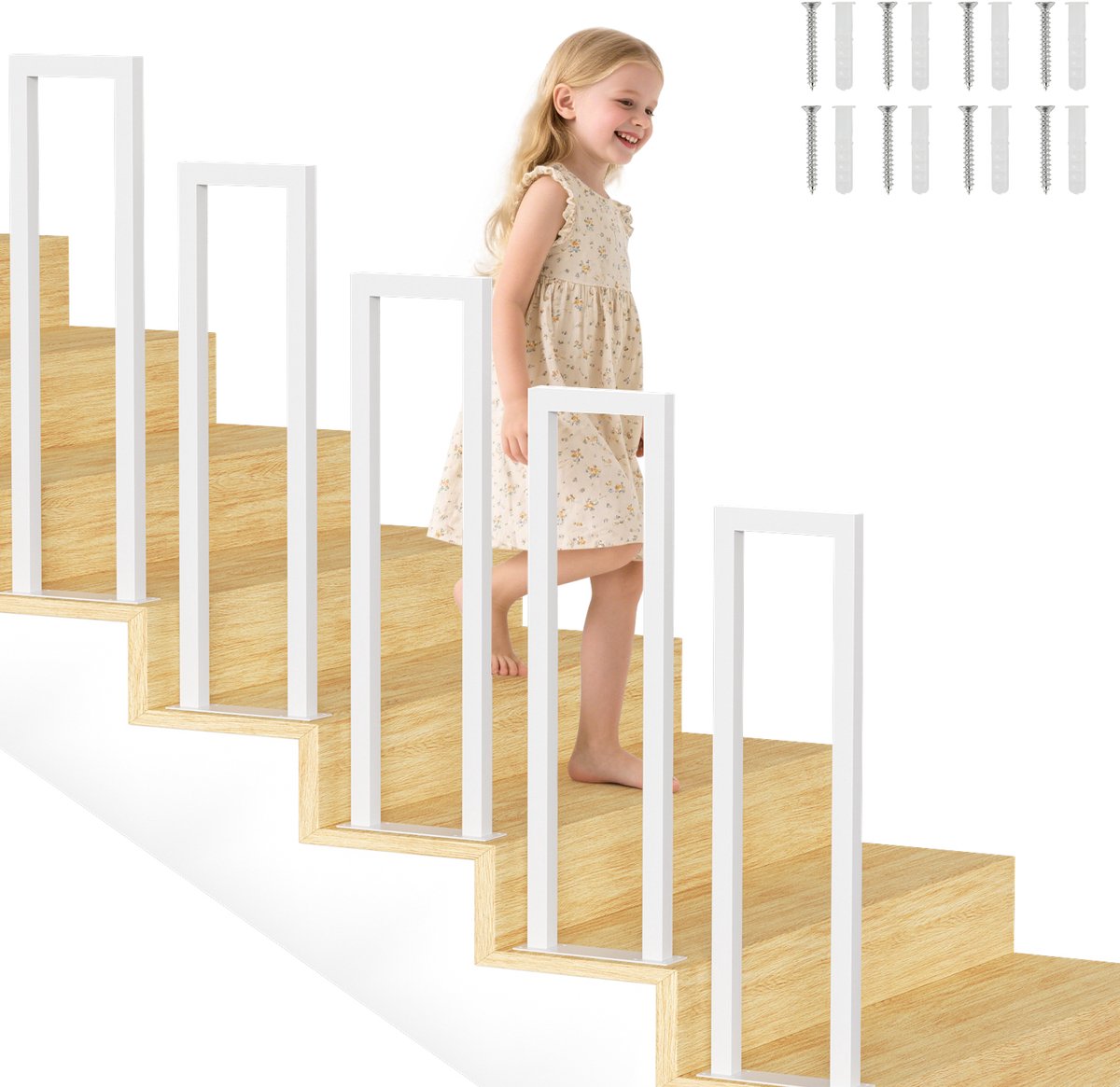 U-vormige trapleuning 75 cm wit – ijzeren leuning met vierkante buis, trede-montage, binnen en buiten, incl. afdekkappen