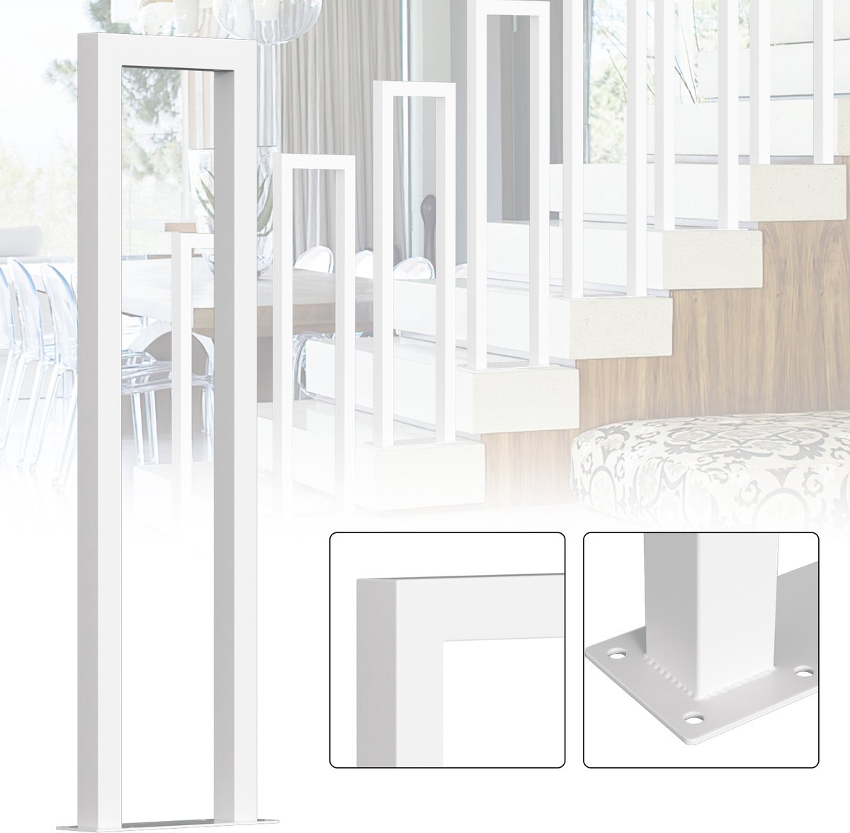 U-vormige trapleuning 100 cm wit – ijzeren leuning met vierkante buis, trede-montage, binnen en buiten, incl. afdekkappen