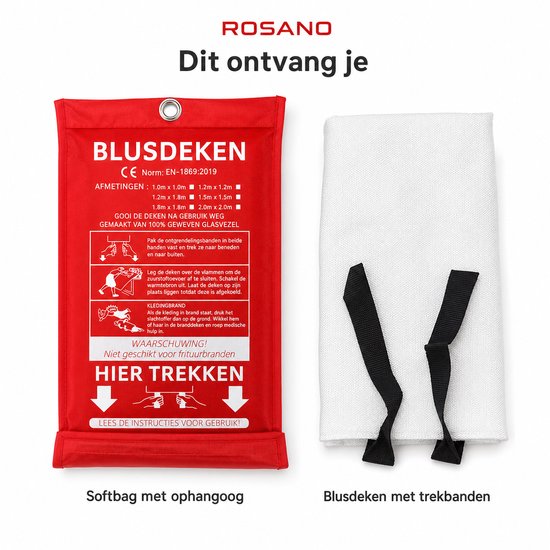 Rode blusdeken in rode softbag met ophangoog, witte deken met zwarte trekbanden.