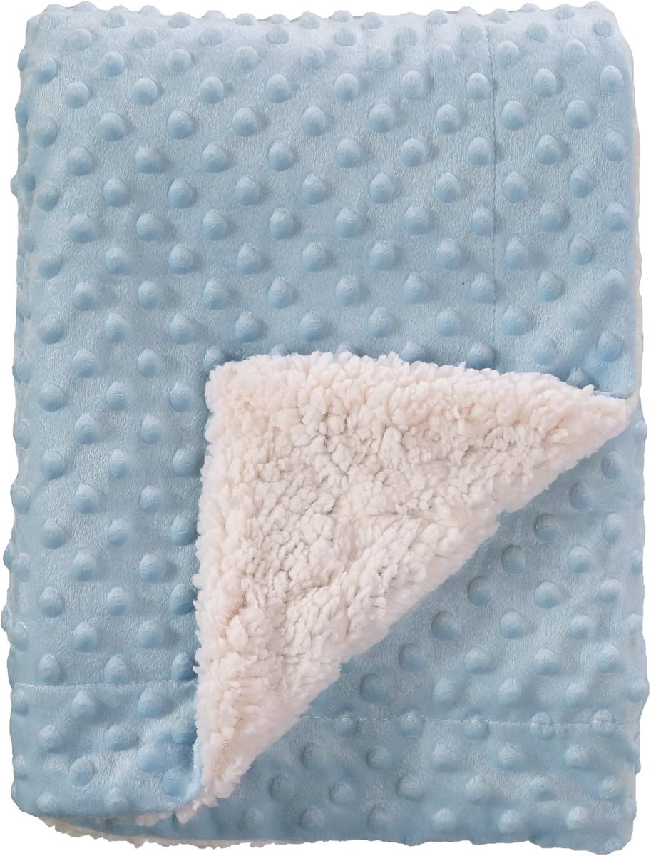 Zachte, lichte en warme deken met sherpa-achterkant voor baby's en peuters – voor wiegjes en kinderwagens (75 cm x 100 cm, blauwe stippen)