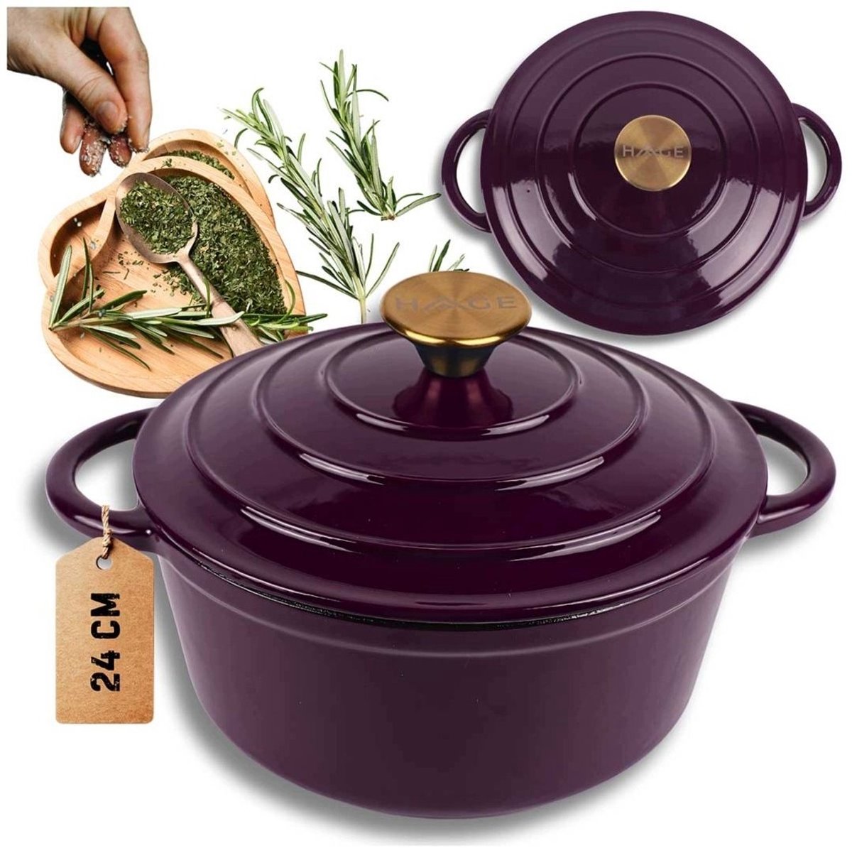 Hage - Kookpan - Gietijzeren Pot met Deksel - Geëmailleerd geëmailleerde gietijzeren pan - Inductie & Oven Geschikt - Inclusief Mini Ovenhandschoenen & Onderzetter - Voor Braden, Stoven, Soep & Brood - 4 Liters - Ø24 cm - Auberginepaars