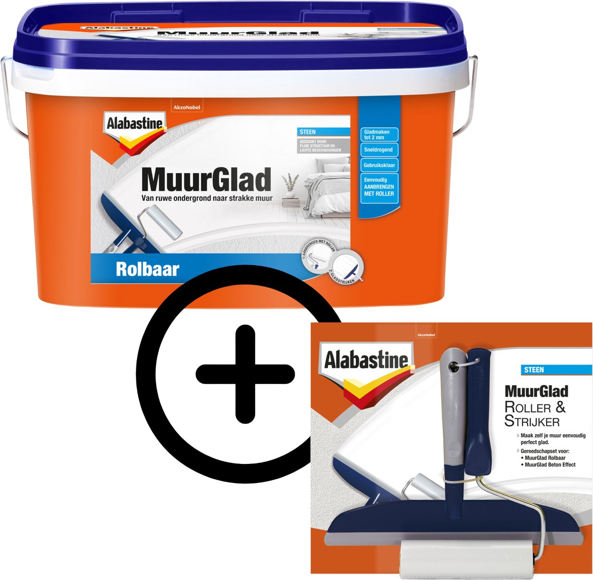Product Bundel: Alabastine - Muurglad Rolbaar - Wit - 2,5 L + Muurglad Roller & Strijker