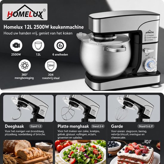Homelux Keukenmachine 12L - Mixer met Mengkom RVS - Planetaire Mixer 2000W - Deegkneder - Keukenmixer met Garde & Klopper – van Homelux — afbeelding 3