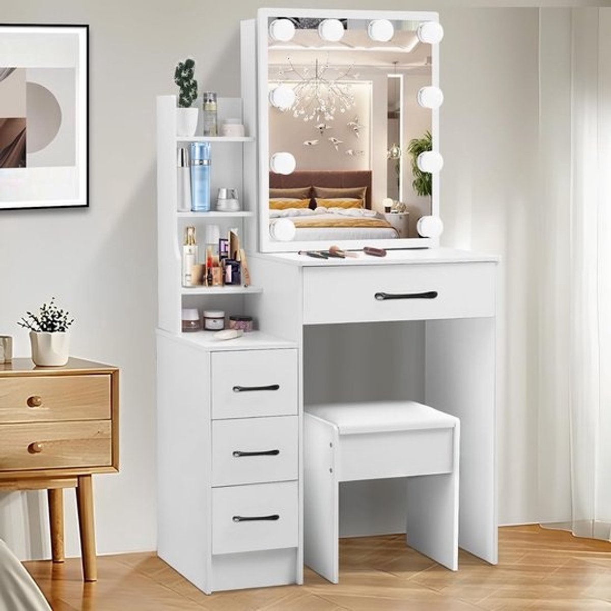 Make Up Tafel met Spiegel - Kaptafel voor Meisjes - Hollywood Spiegel met Verlichting - Houtlook