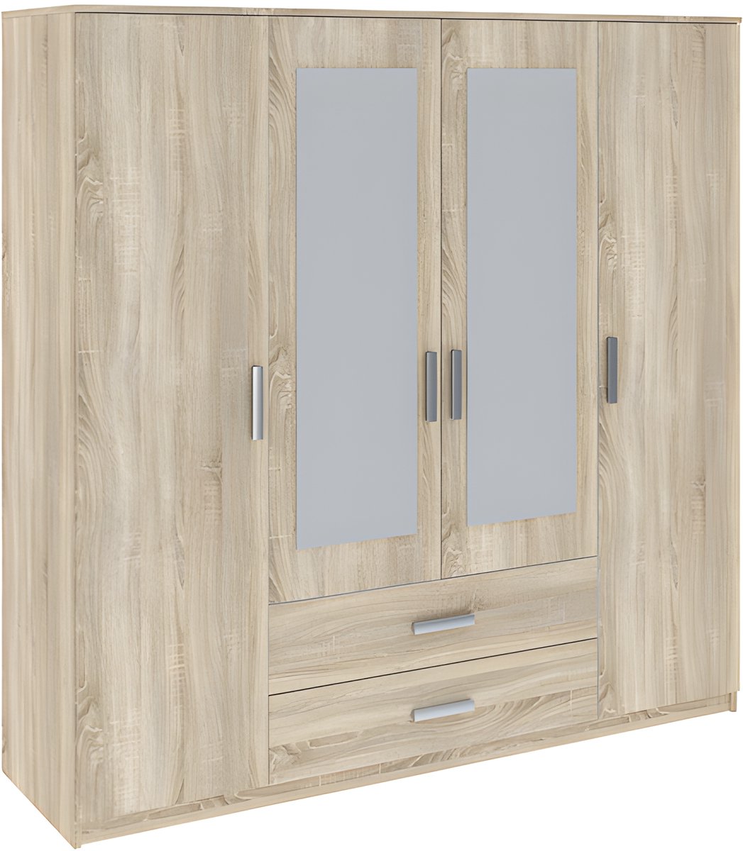 Interiax Kledingkast 'Empoli' 4 Deuren, 2 Laden En 2 Spiegels | Sonoma Eik | 200,1x200x58,3 cm
