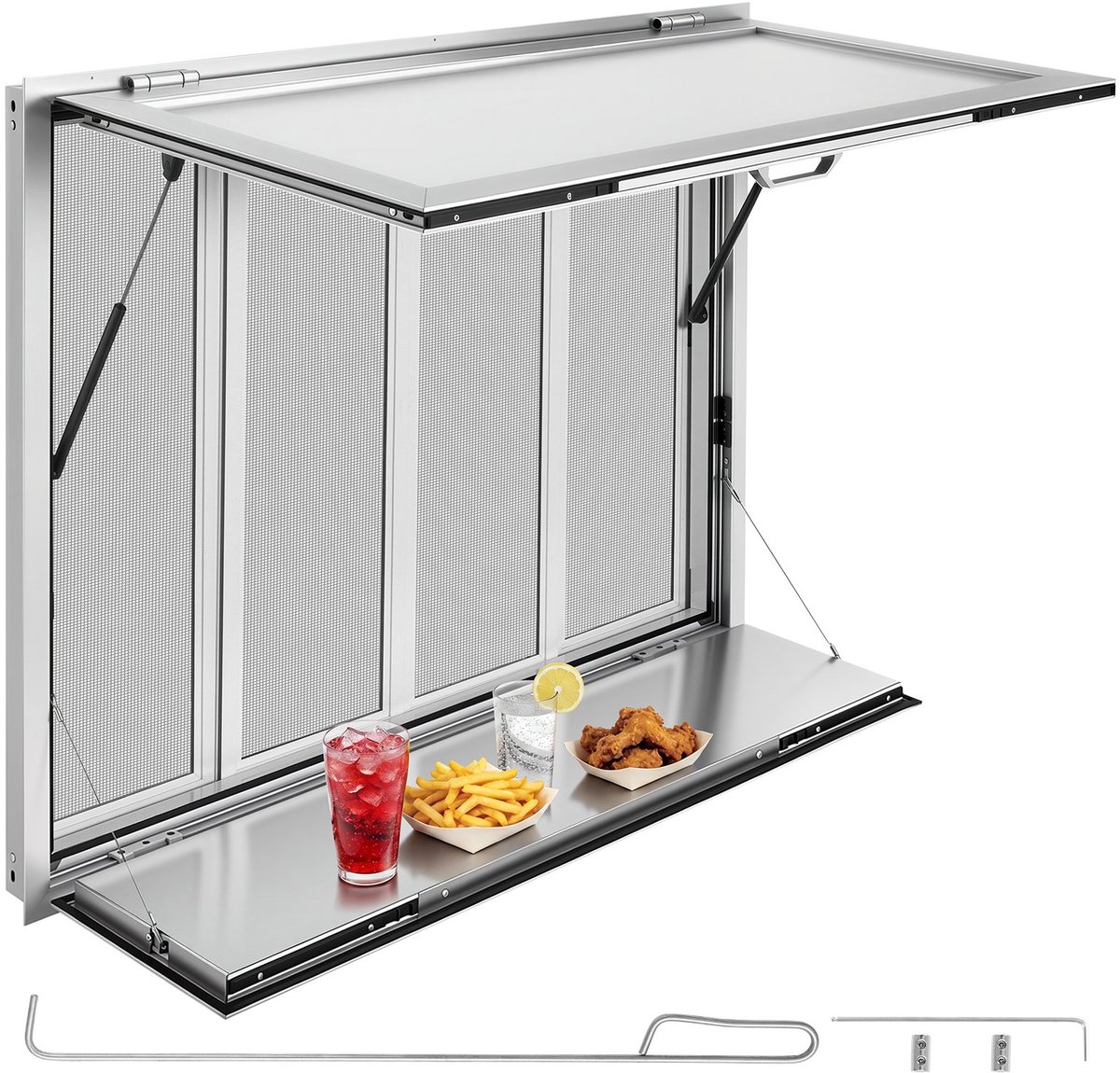 Foodtruck-verkoopraam - Uitgifteraam - 122 x 91,5 x 11 cm - Aluminium - Opening tot 85° - Opklapbaar schap - 4 verschuifbare horren - Trekhaken