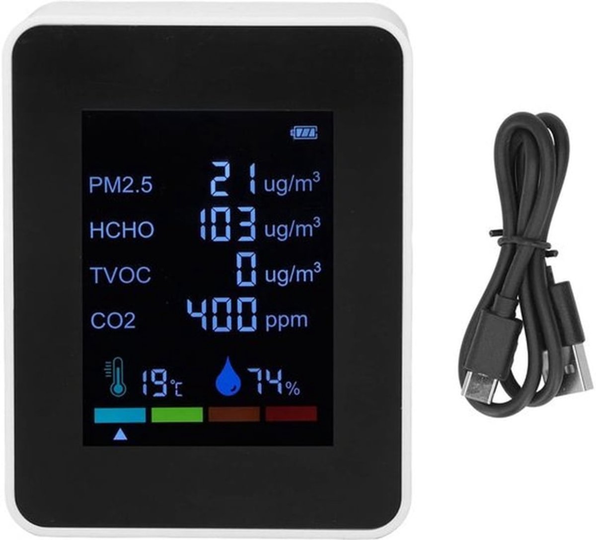 Luchtkwaliteitsmonitor - CO2 PM2.5 HCHO TVOC Detector - USB Oplaadbaar - Wit - LCD Scherm - Meet precisie - Geschikt voor binnengebr