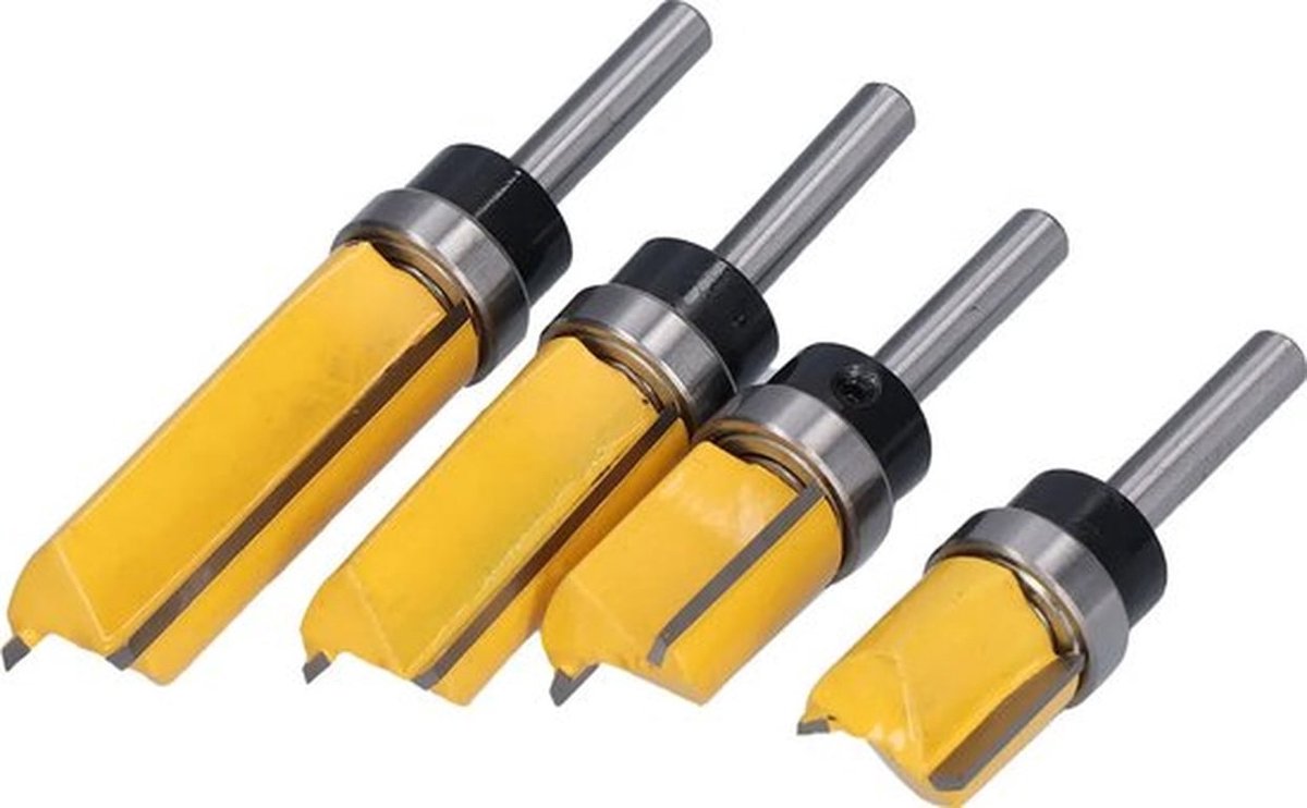Vierdelige set vlakfreesjes, rechte freesjes met lagers, rechte frees met 1/4 inch schacht en lagers, vierdelige set contourfrezen, houtbewerkingsfreesgereedschap.