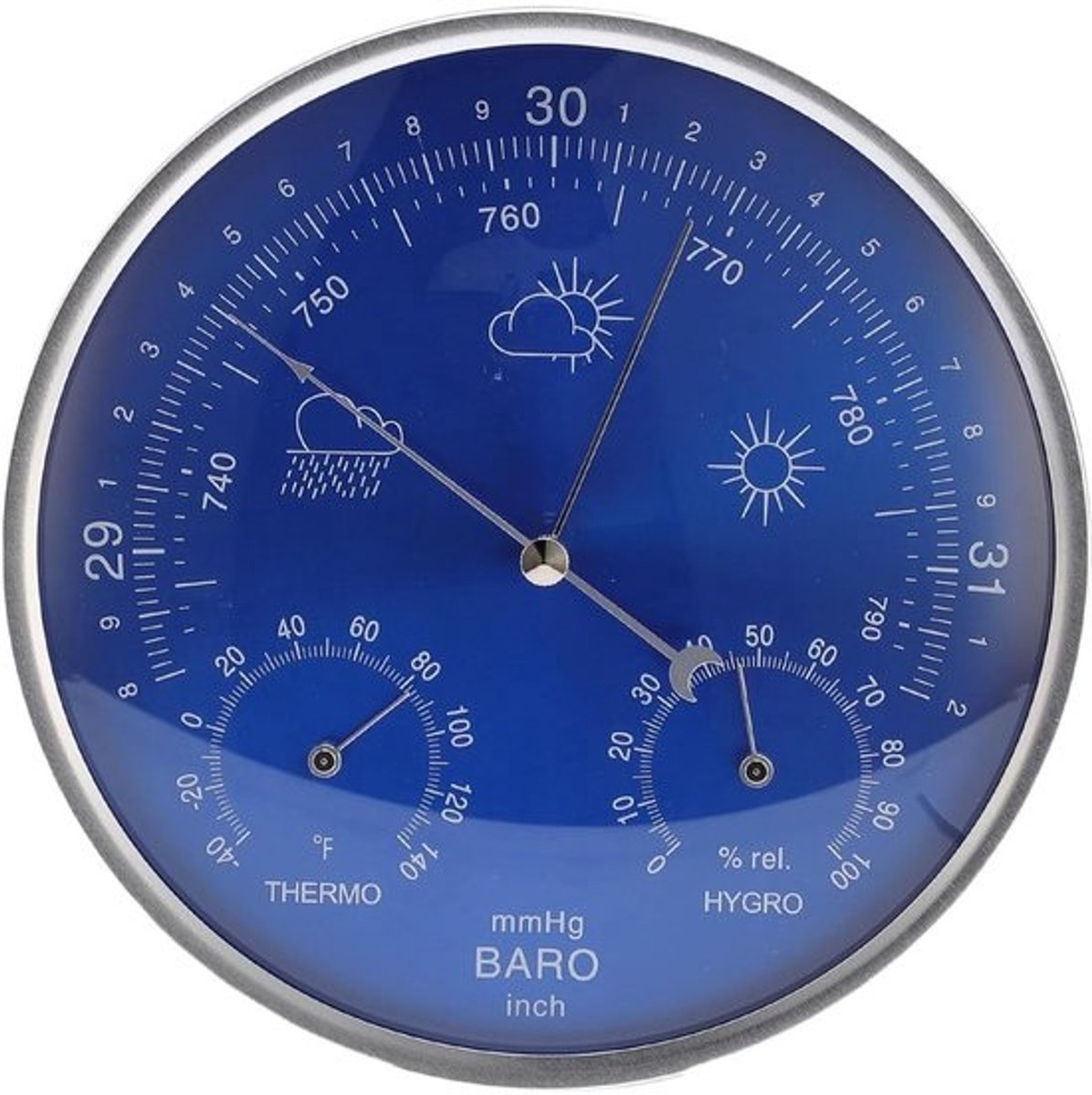 Weerstation - Barometer Hygrometer - Binnen Buiten - 3-in-1 Functie - 180mm Diameter - Blauw