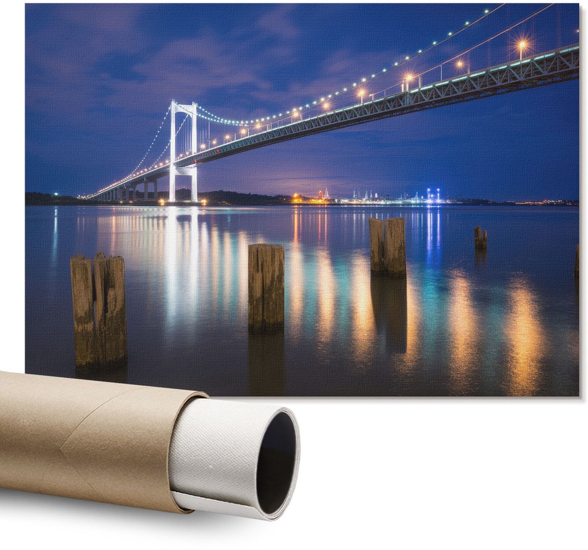 Coloray Polycanvas Wandposter – Nachtbrug, Blauw – A1 – Bordeaux Illustratie – Rechthoek – Muurdecoratie – Woonkamer – Klassiek