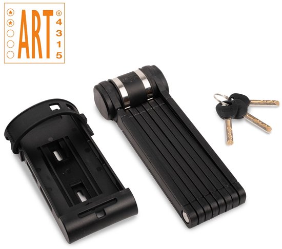 Antivol de vélo pliable noir avec trois clés et un support de montage noir.