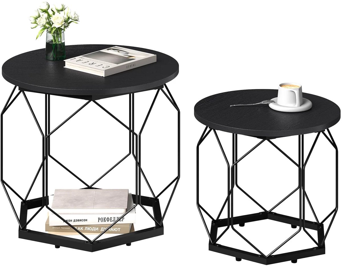 Klarven® Salontafel Hout zwart - Salontafel Rond - Salontafel met Opbergruimte - Salontafel - Set van 2 - Stabiel Metalen Frame - Draagvermogen 25 kg - Ø50xh45cm