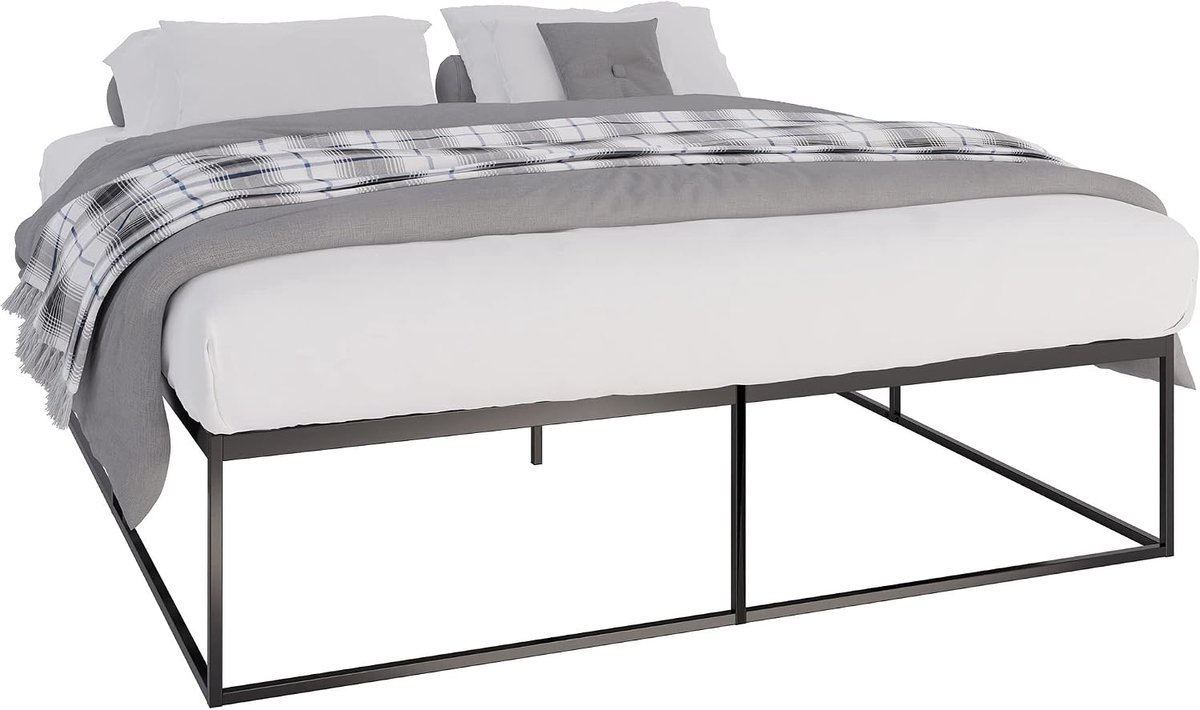 Ledikant 180x200 cm - Industrohome Metal Bedframe met Lattenbodem, Zwart Moderne Hoogstaande Beddenframe 46 cm Hoog