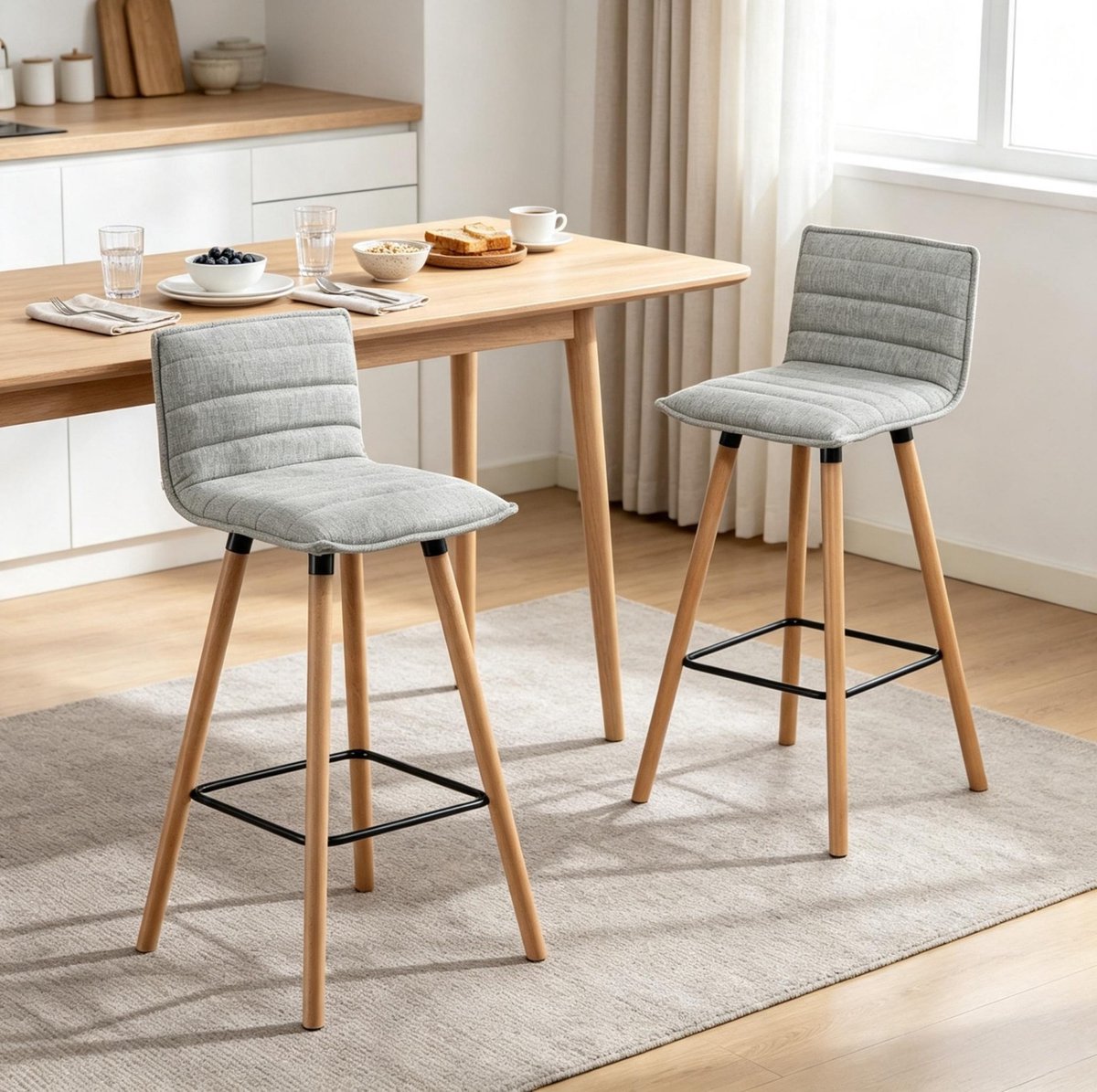 OKWISH Barkruk Set Van 2 – Gevoerde Zitting Met Rugleuning En Voetsteun – Voor Keuken, Bar En Eettafel – Hout En Stof – Lichtgrijs
