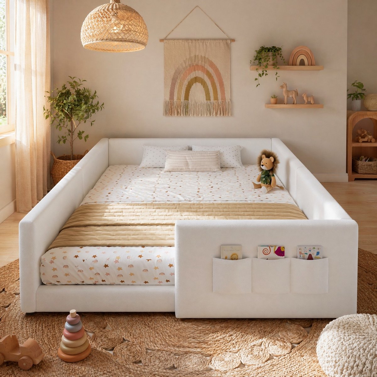 REDOM Kinderbed - Polsterbett met omrand design - 3 opbergtassen - Lattenbodem van multiplex - Modern en minimalistisch - Kinderkamer - Kunstleer - Wit - 140 x 200 cm