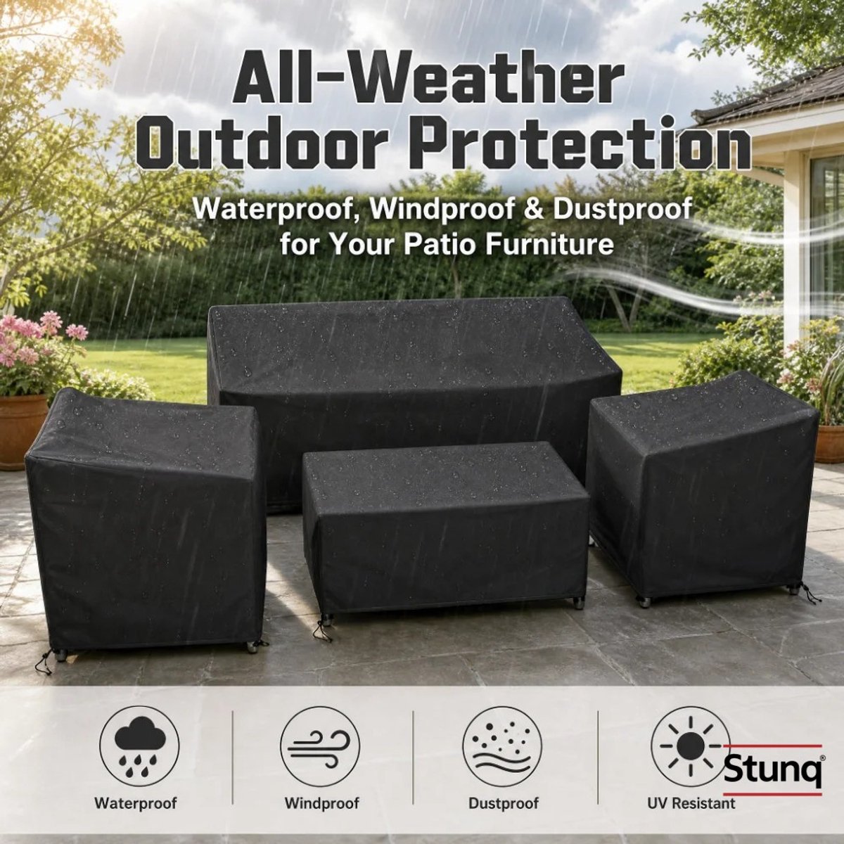 Stunq Waterdichte Tuinmeubelhoes 210D - Beschermhoes voor Bank, Stoel en Tafel Zwart