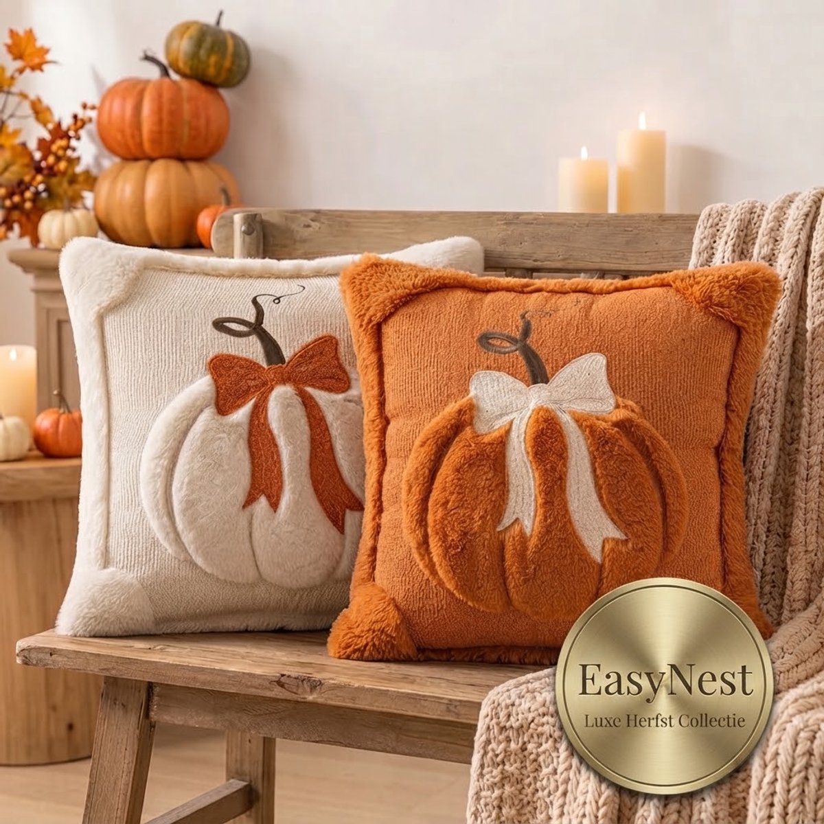 Halloween Pompoen Kussensloop – Herfst Kussensloop - Geborduurde Sierkussenhoes – Herfstdecoratie voor Bank, Woonkamer & Slaapkamer