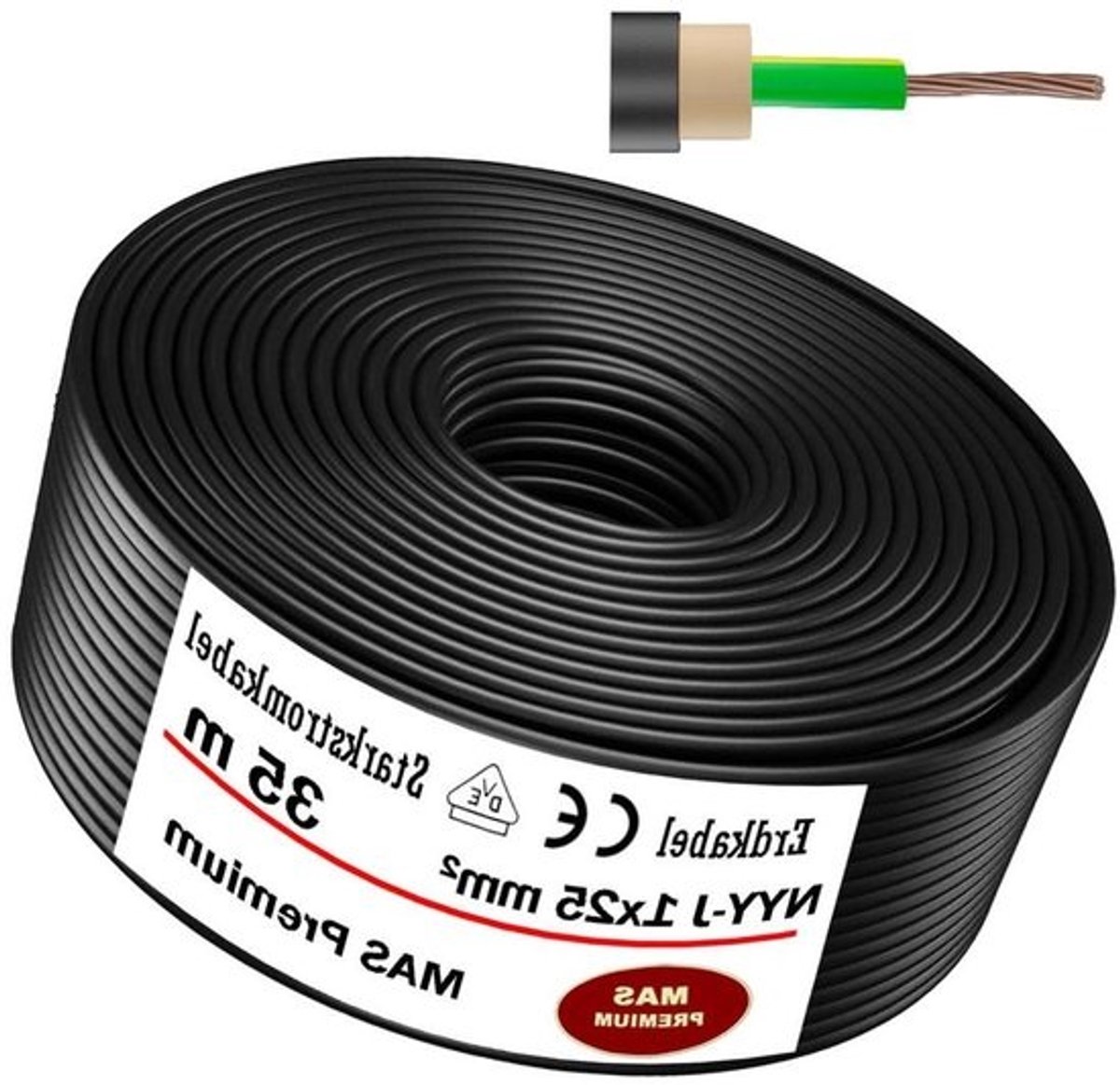 Krachtstroomkabel NYY-J - Aardkabel Stroomkabel - Vaste Installatie Buiten - Volgens VDE Norm - 1x 25 mm² 35m - Zwart