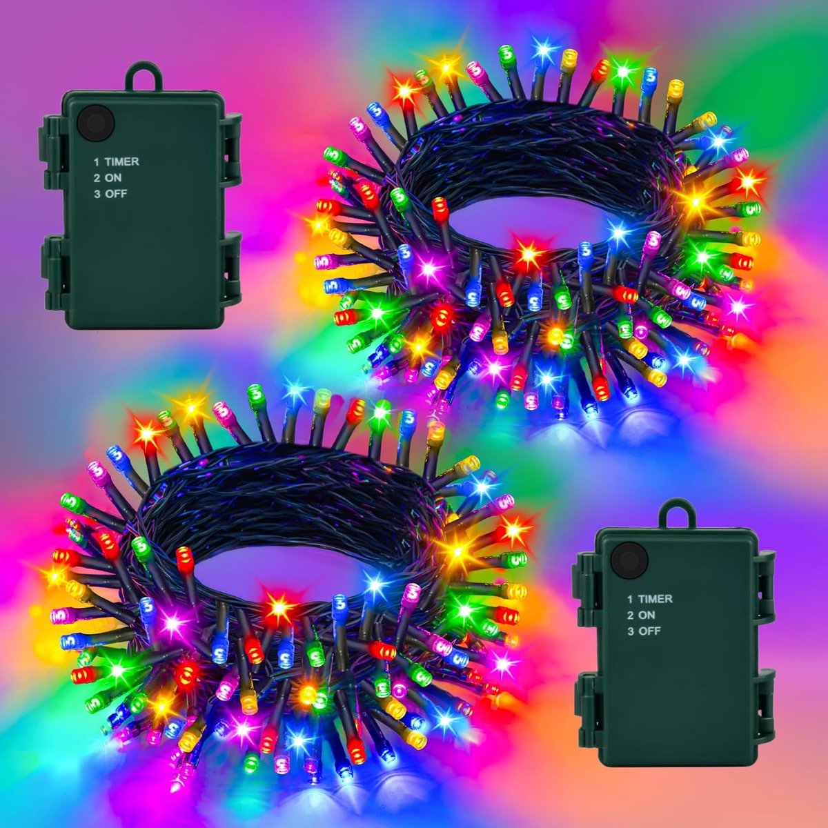 Lichtsnoer 10m - 2 stuks 100 LED - Op Batterijen - IP65 Waterdicht - Met Timer - Warmwit - Kerst