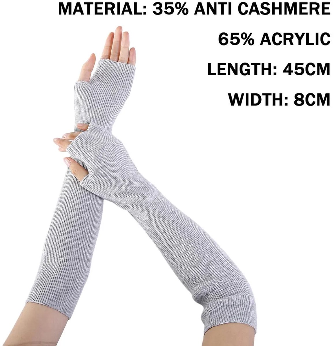 Vingerloze thermische handschoenen Geschikt voor duimgaten, comfortabele klassieke mouwen in effen kleur, elastische stof, lichtgrijs.