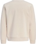 Achterkant van een effen crème kleurige sweater met lange mouwen en boorden.