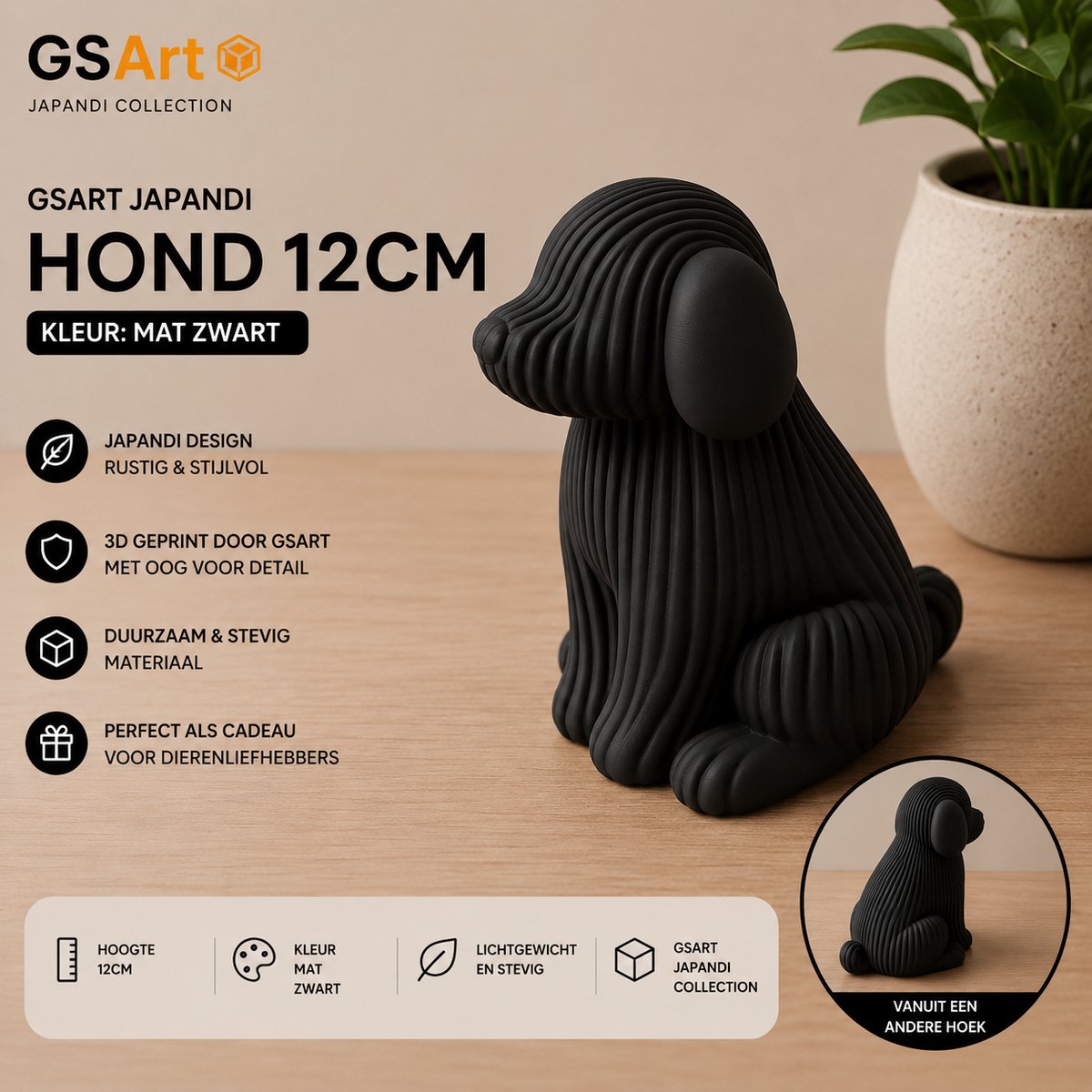 GSArt Japandi Hond – 3D Geprint Decoratiebeeld – Modern Japandi Woonaccessoire - 12cm Mat Zwart