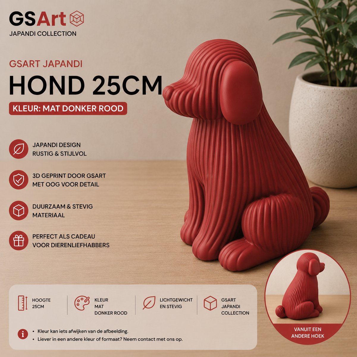 GSArt Japandi Hond – 3D Geprint Decoratiebeeld – Modern Japandi Woonaccessoire - 25cm Mat Donkerrood
