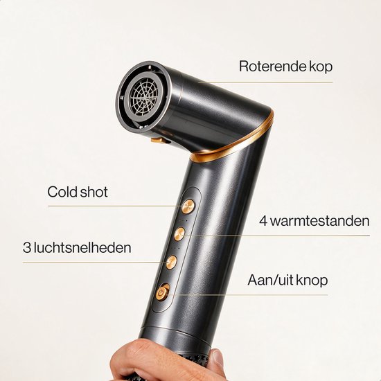 Grijze airstyler met roterende kop, cold shot, 3 luchtsnelheden en 4 warmtestanden.