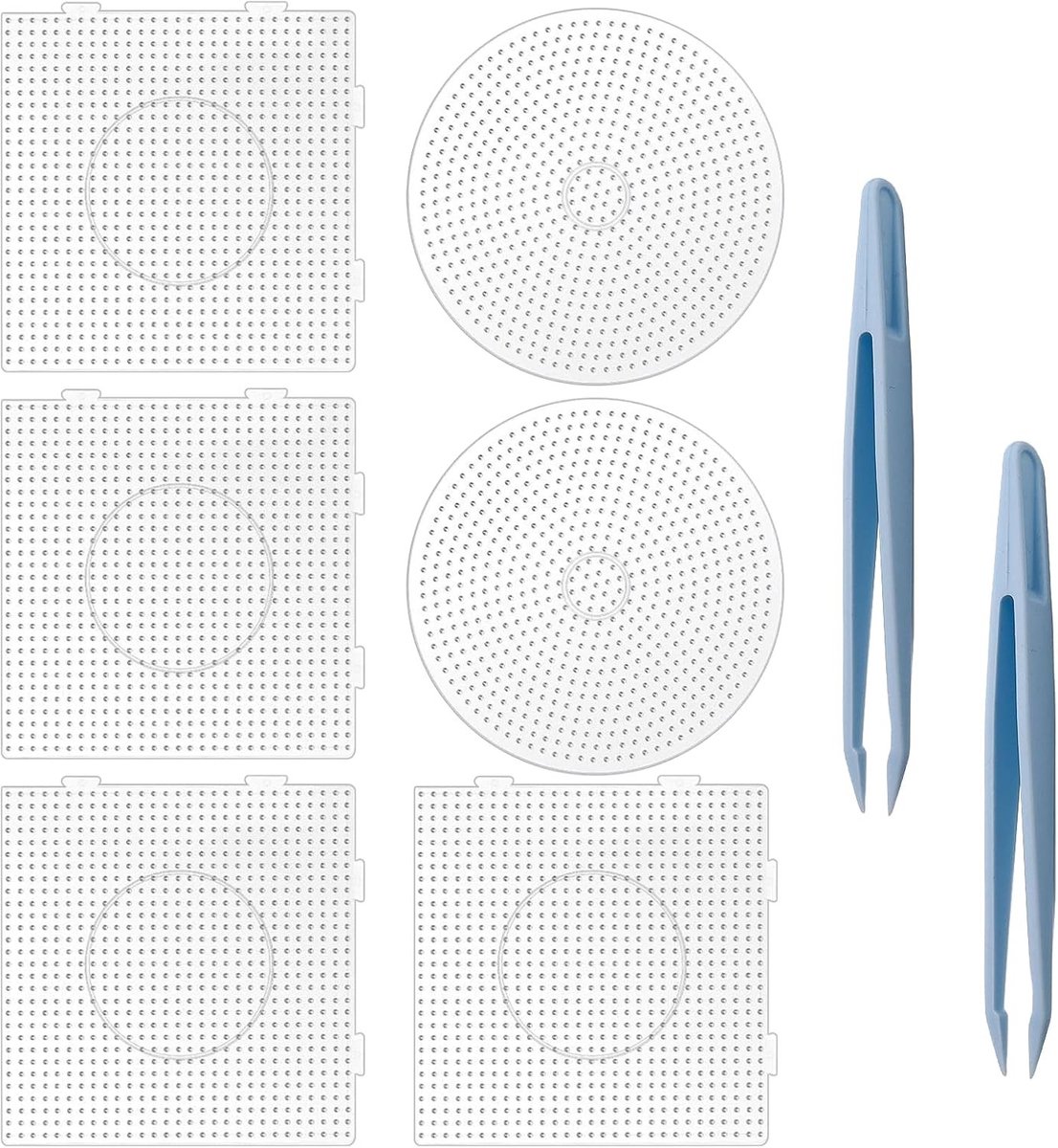 Set van 2 grote transparante strijkparel stencils met 4 vierkante en 2 ronde ontwerpen, inclusief blauwe pincet en 5 mm strijkparels