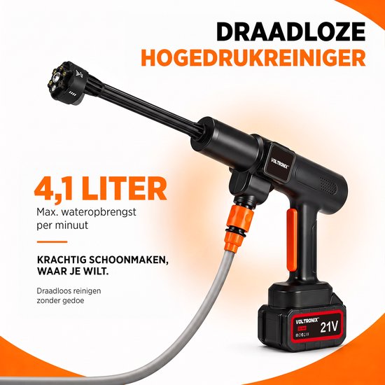 VOLTORNIX™ Elektrische Hogedrukreiniger op Accu 70 Bar - Draadloze Hogedrukspuit - Inclusief 1x Accu 21V / 3000 mAh - 90 Min Gebruik - Zelfaanzuigend –Terrasreiniger - Incl. 6-in-1 Verstelbaar Mondstuk, Aanzuigslang & Koffer. — afbeelding 4