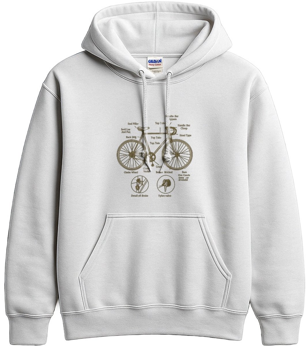 Fiets Hoodie – Gedetailleerde Technische Tekeningen van Fietsonderdelen – Fietsliefhebbers Outfit – Unisex Hoodie voor Dames & Heren – Origineel Cadeau