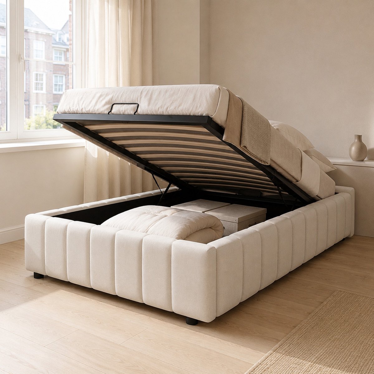 WUVRIE Gestoffeerd opklapbed 90x200 cm met hydraulische opbergruimte, beige