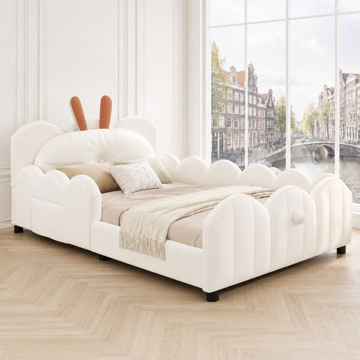 WUVRIE Kinderbed 90x200 cm met gestoffeerd hoofdbord in konijnenvorm en veiligheidshek, beige