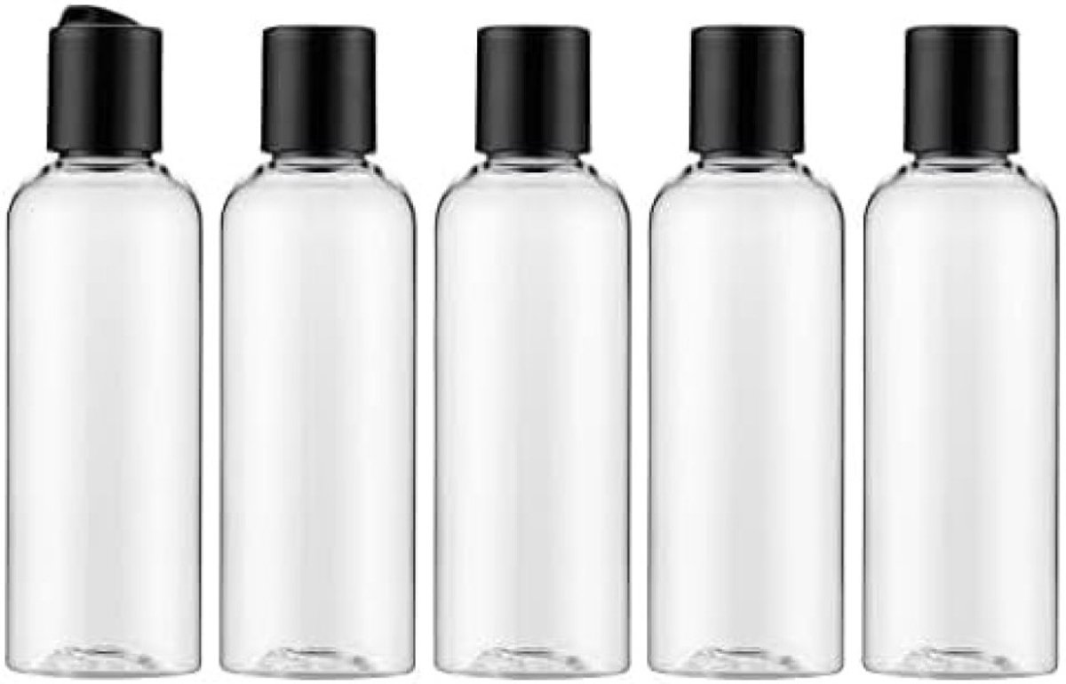 PolkaHome 5 Stuks Navulbare Reisflesjes 100 ml met Etiketten - Transparante PET Flessen voor Shampoo, Douchegel en Lotion - Handbagage, Sport en Camping