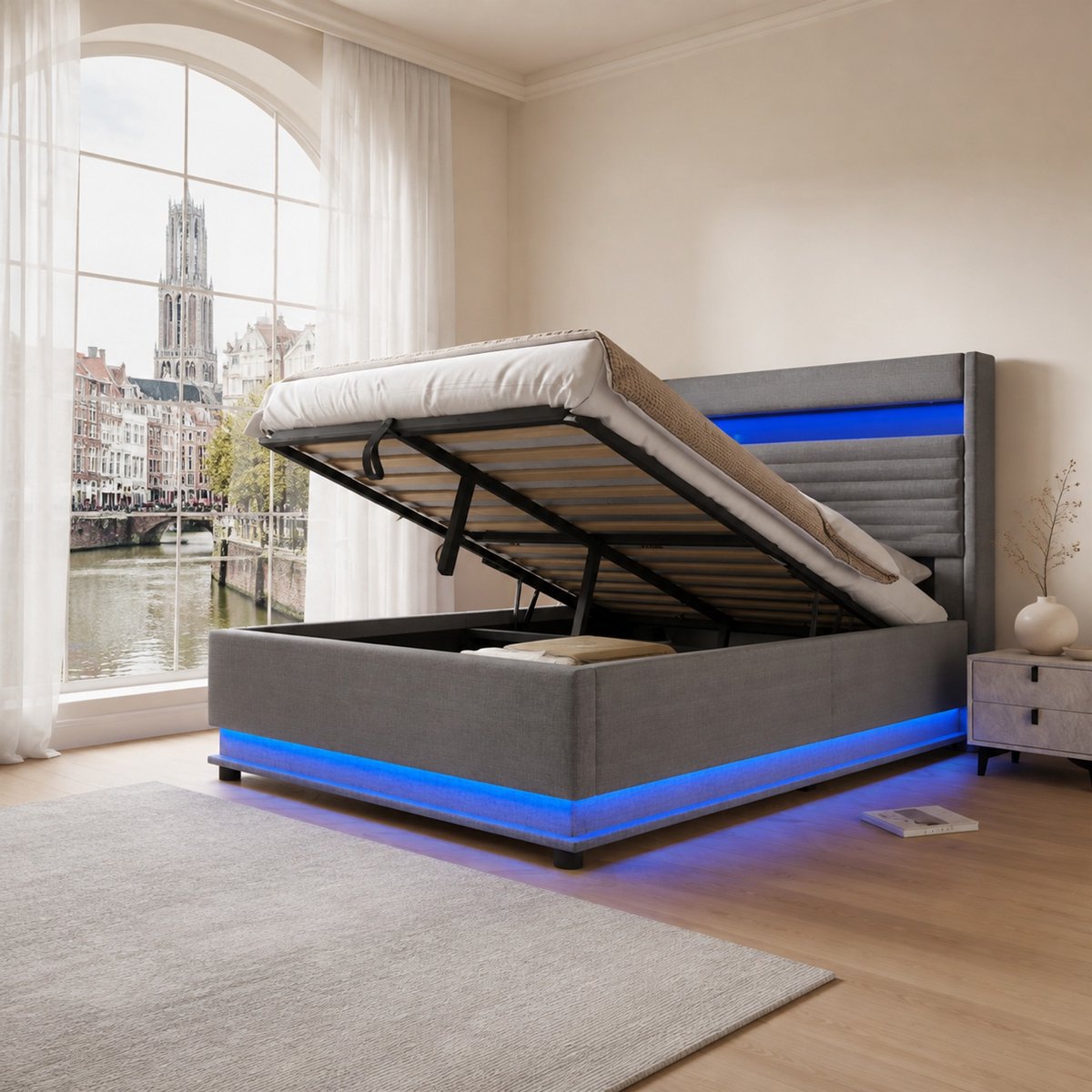 WUVRIE Opbergbed 90x200 cm met LED, USB-C en hydraulische opbergruimte, grijs