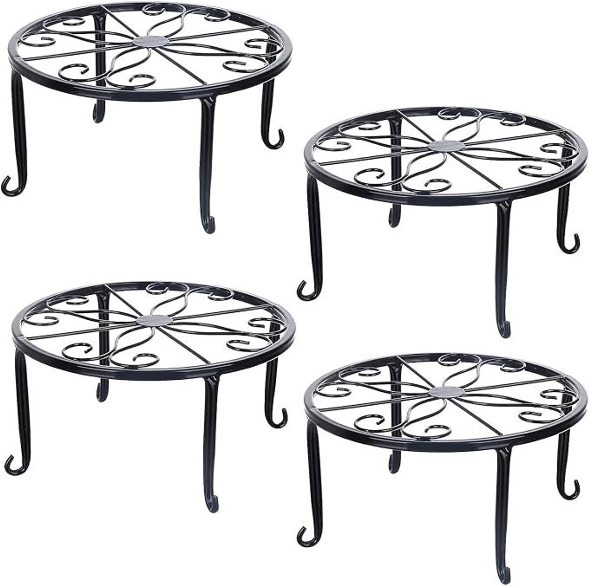 PolkaHome Set van 4 metalen plantenstandaards met decoratief krulwerk - 23 cm - voor binnen en buiten - zwart