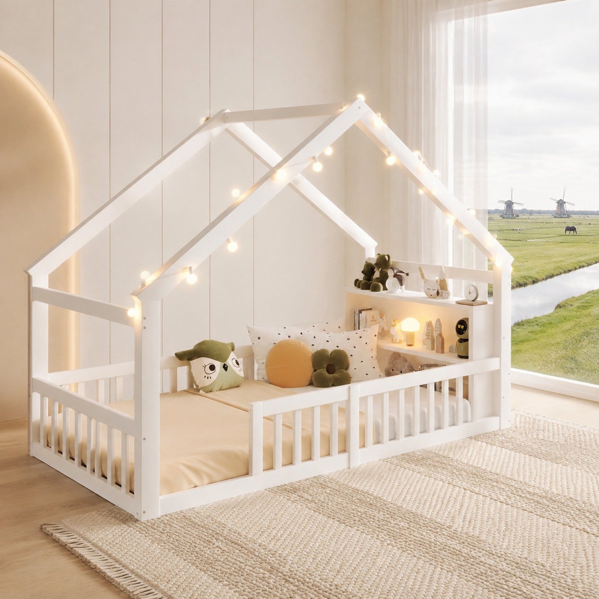 WUVRIE Kinderbed 90 x 190 cm huisvorm met uitvalbeveiliging, opbergruimte en verlichting, wit