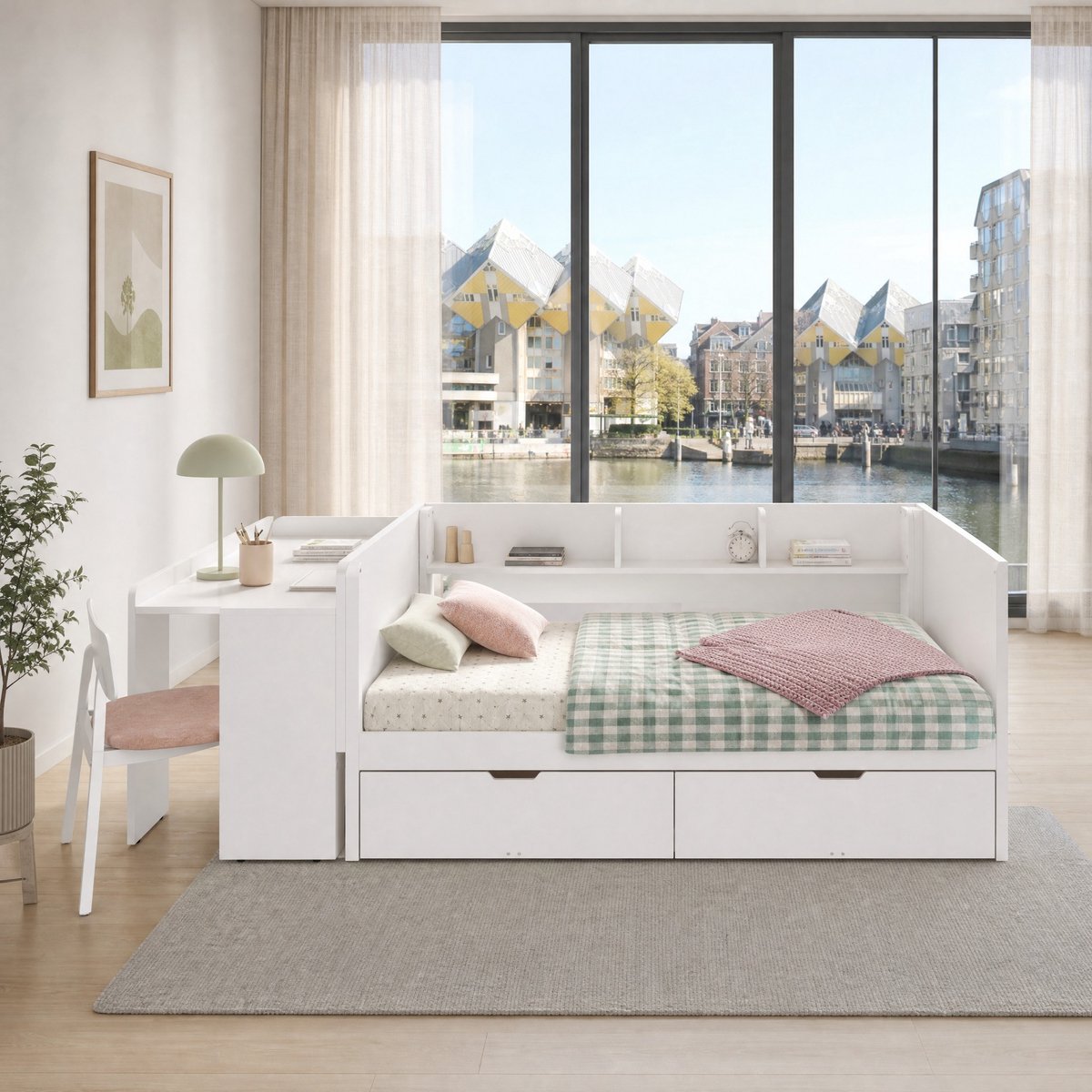 WUVRIE Bedframe 90x200 cm met bureau, 2 lades, opbergruimte en uitvalbeveiliging, wit