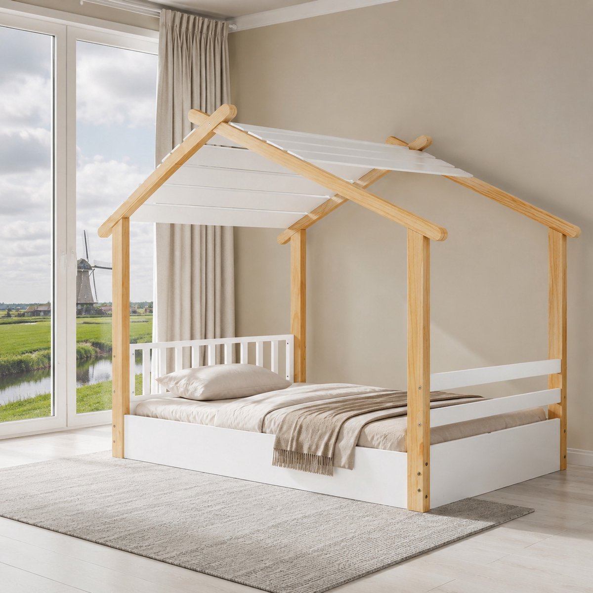 WUVRIE Huisbed 90x200 cm met uitvalbeveiliging en lattenbodem, wit/naturel