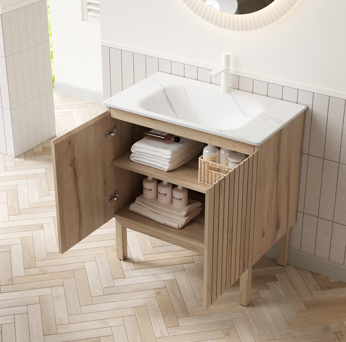 MODFU - Badkamerkast Met Wastafel - Vrijstaand - Gestreept - Badkamer - Wit Eikenlook