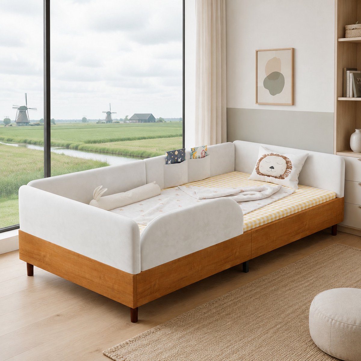 WUVRIE Kinderbed 90x200 cm met 2 opbergvakken en omrand bedframe, wit/naturel