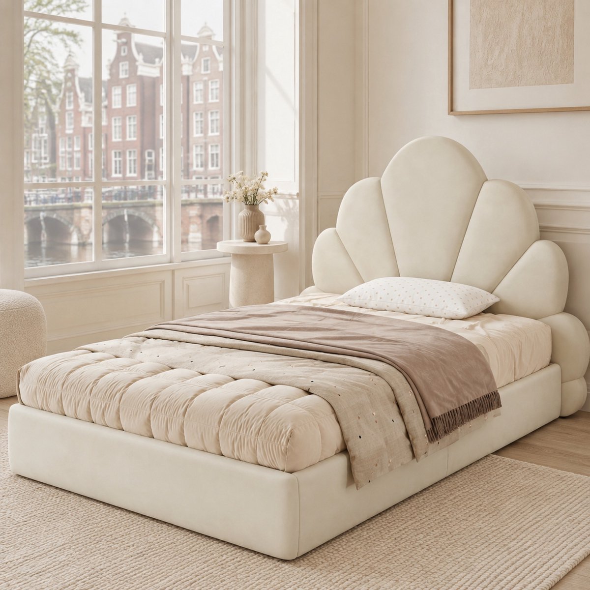 WUVRIE Polsterbed 90x200 cm met bloemenhoofdbord, lattenbodem en zachte stof in beige