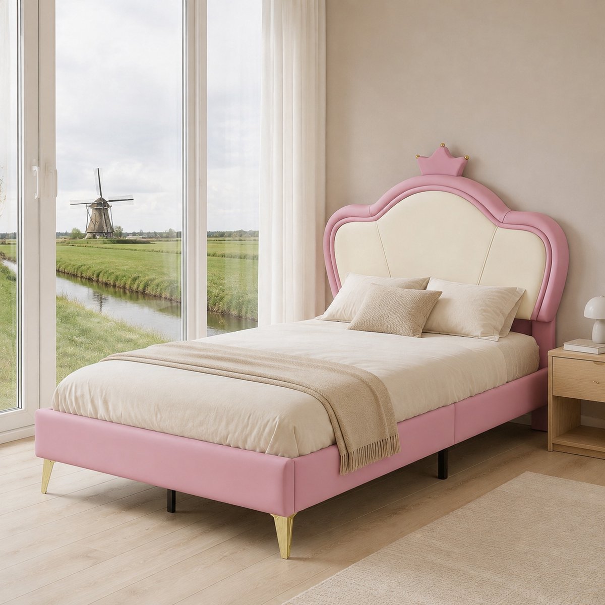 WUVRIE Kinderbed 90x200 cm met kroonvormig hoofdeinde, PU, lattenbodem, roze/wit
