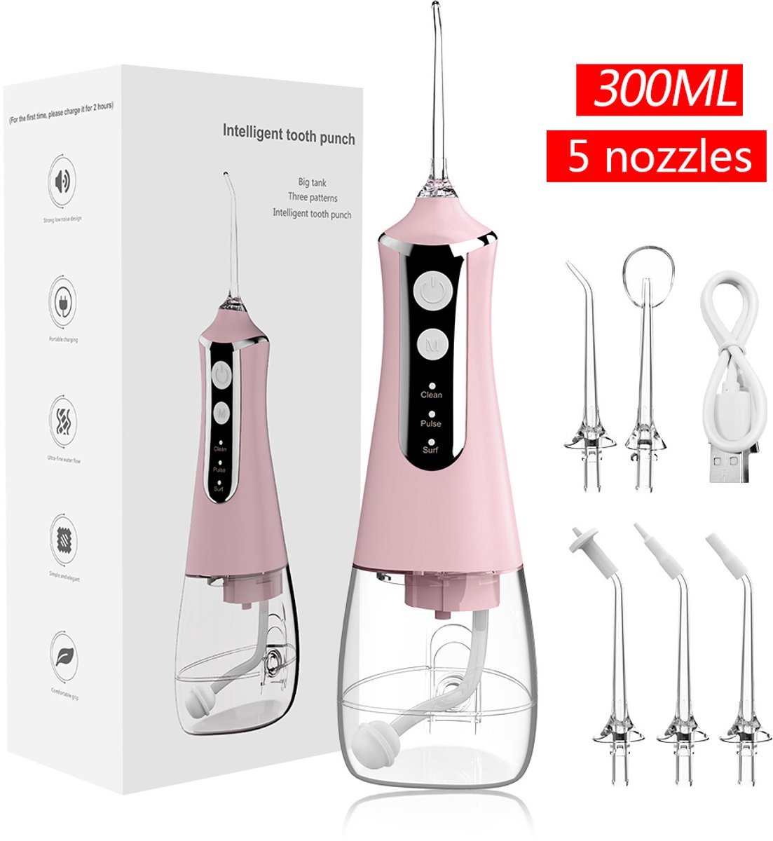 casalora - Waterflosser - Elektrische mondflosser van 300 ml - Monddouche - Flos - Flosser - Waterflosser draadloos - Tanden & Beugels reinigen - Geschikt voor op reis en thuisgebruik - Roze